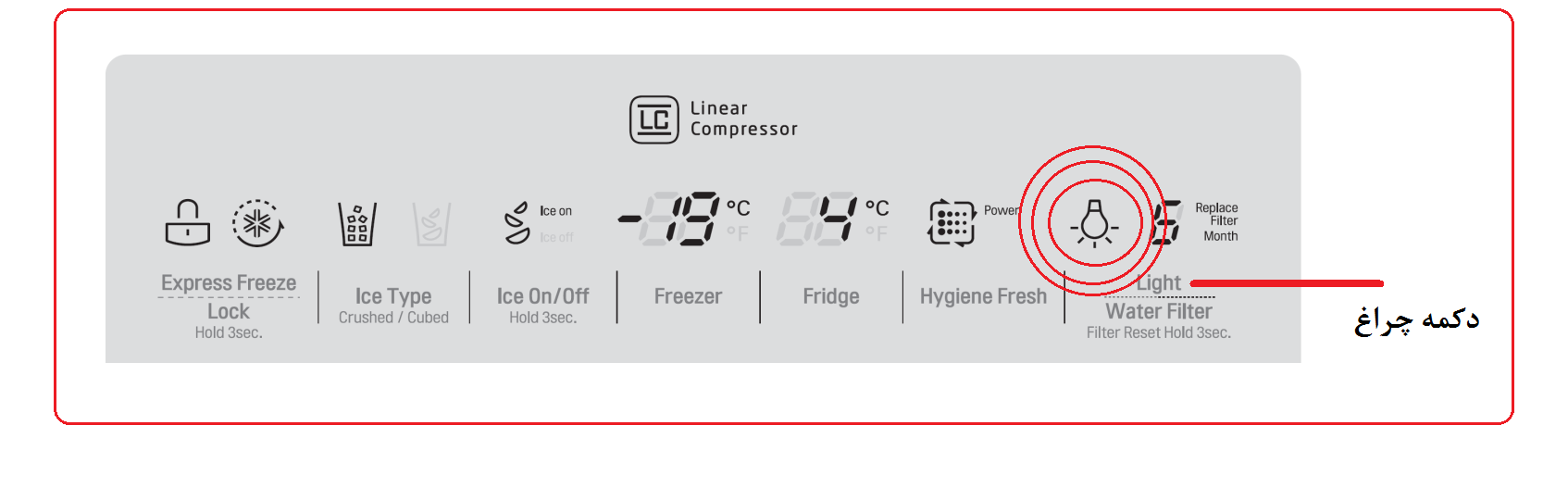 دکمه چراغ یا LIGHT&nbsp;در یخچال ساید